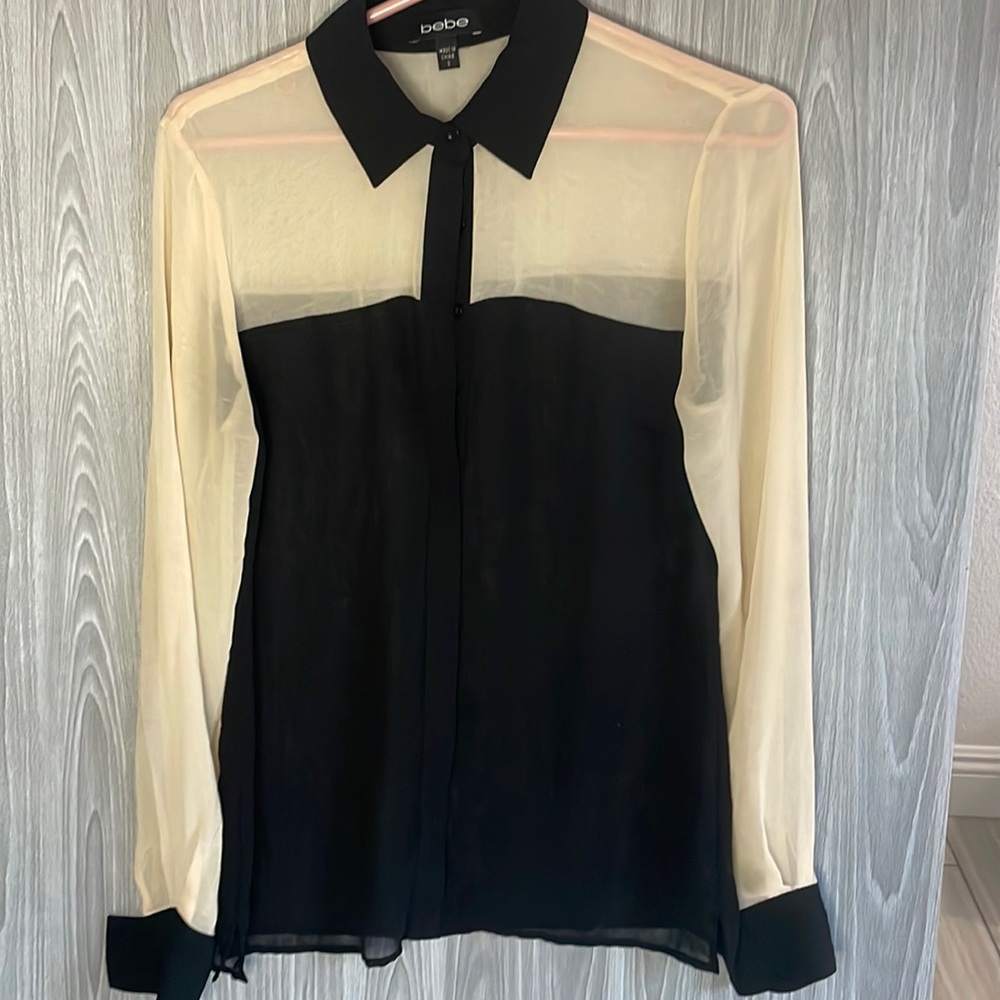 Bebe black and cream semi sheer long sleeve blouse   Size small
